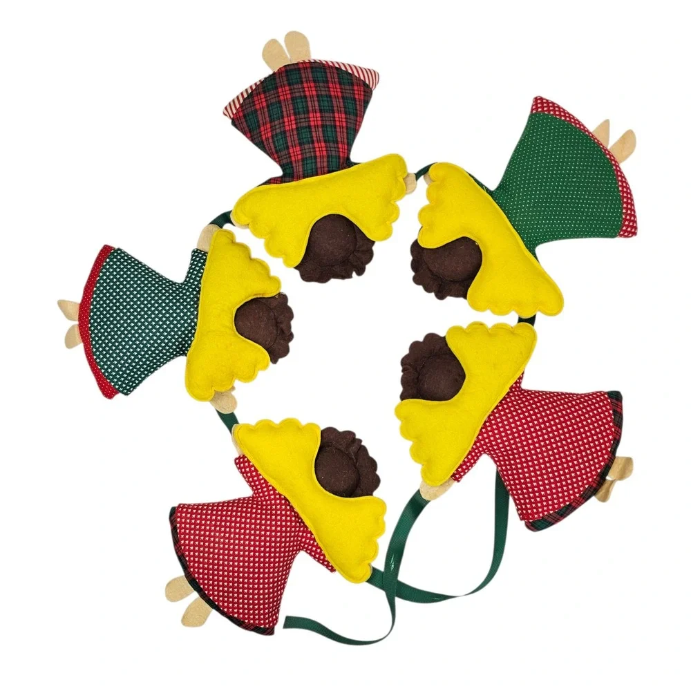 Vintage Style Fabric Angel Christmas Garland Set of 2 Red Green Plaid Folk Art